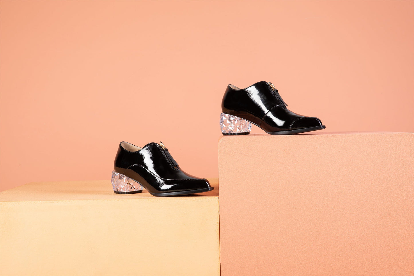 Nine Seven Women's Glossy Patent Leather Handmade Clear Pointed Toe Chunky Heel Front Zip Pumps