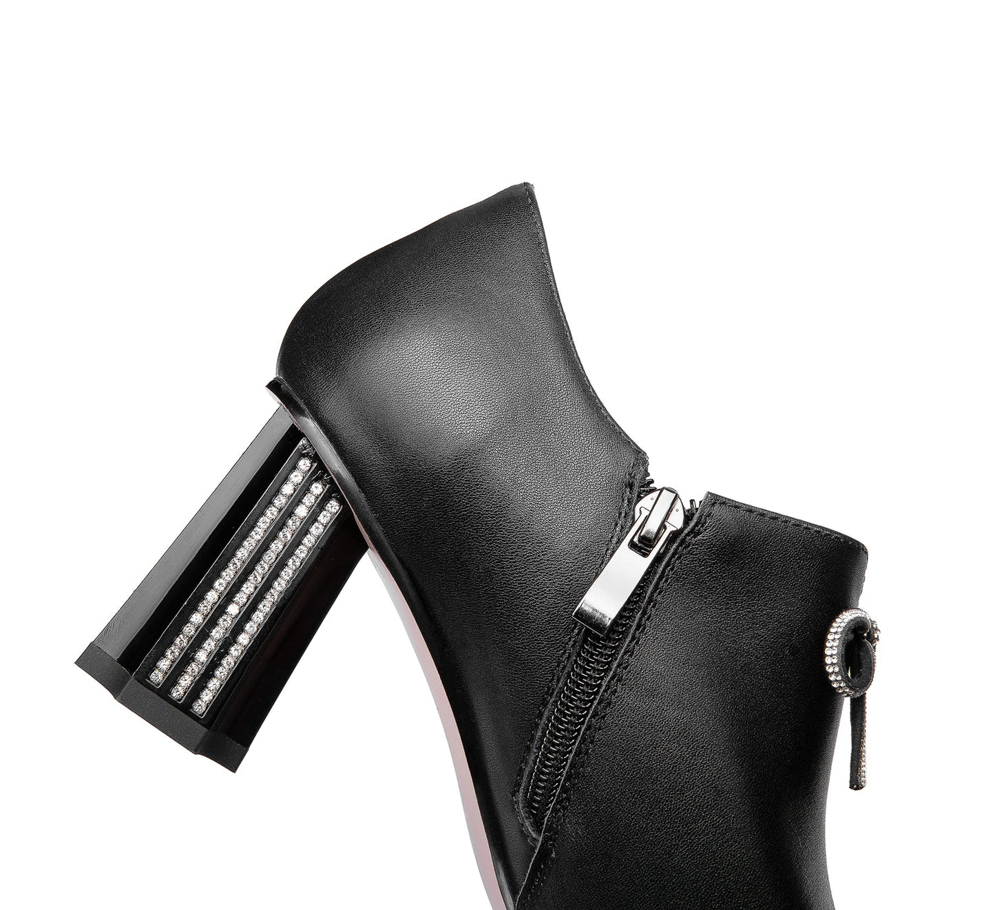 Nine Seven Women's Genuine Leather Handmade Glitter Mid Chunky Heel Pointed Toe Stylish Side Zip Pump Shoes with Bowtie