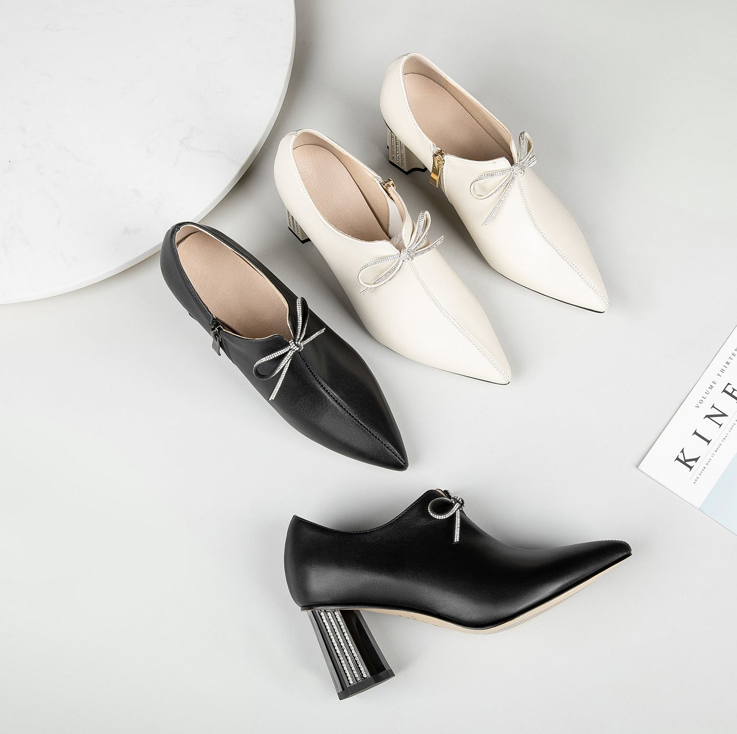 Nine Seven Women's Genuine Leather Handmade Glitter Mid Chunky Heel Pointed Toe Stylish Side Zip Pump Shoes with Bowtie