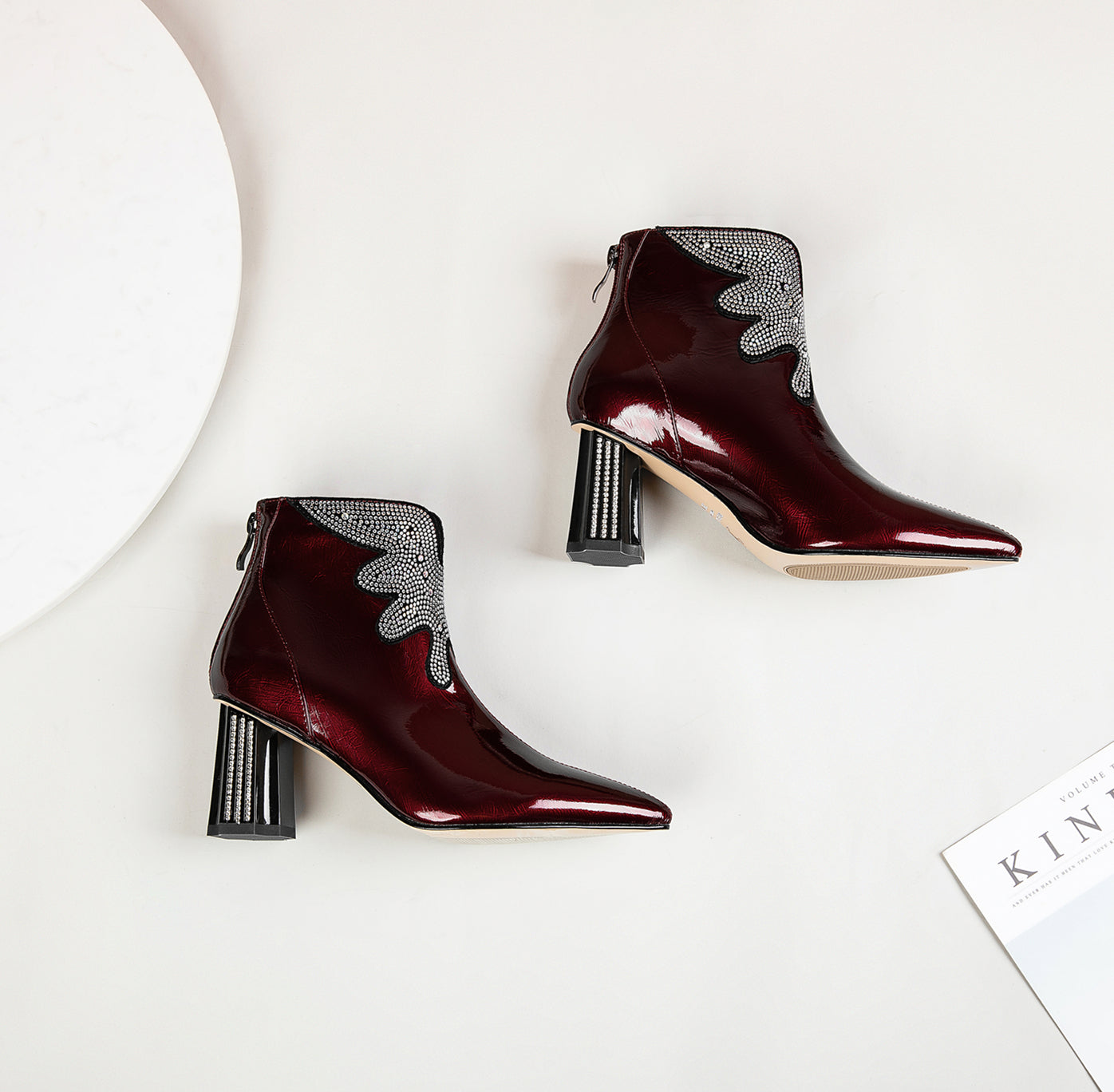 Nine Seven Women's Patent Leather Handmade Mid Chunky Heel Back Zipper Pointed Toe Plus-Size Ankle Boots With Glitter Rhinestones