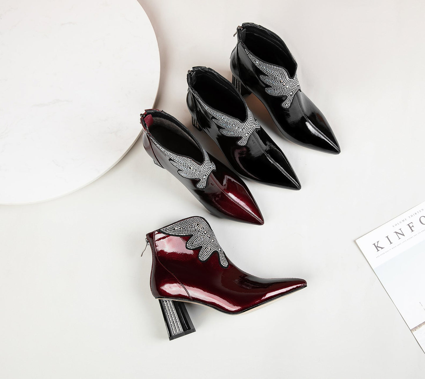 Nine Seven Women's Patent Leather Handmade Mid Chunky Heel Back Zipper Pointed Toe Plus-Size Ankle Boots With Glitter Rhinestones