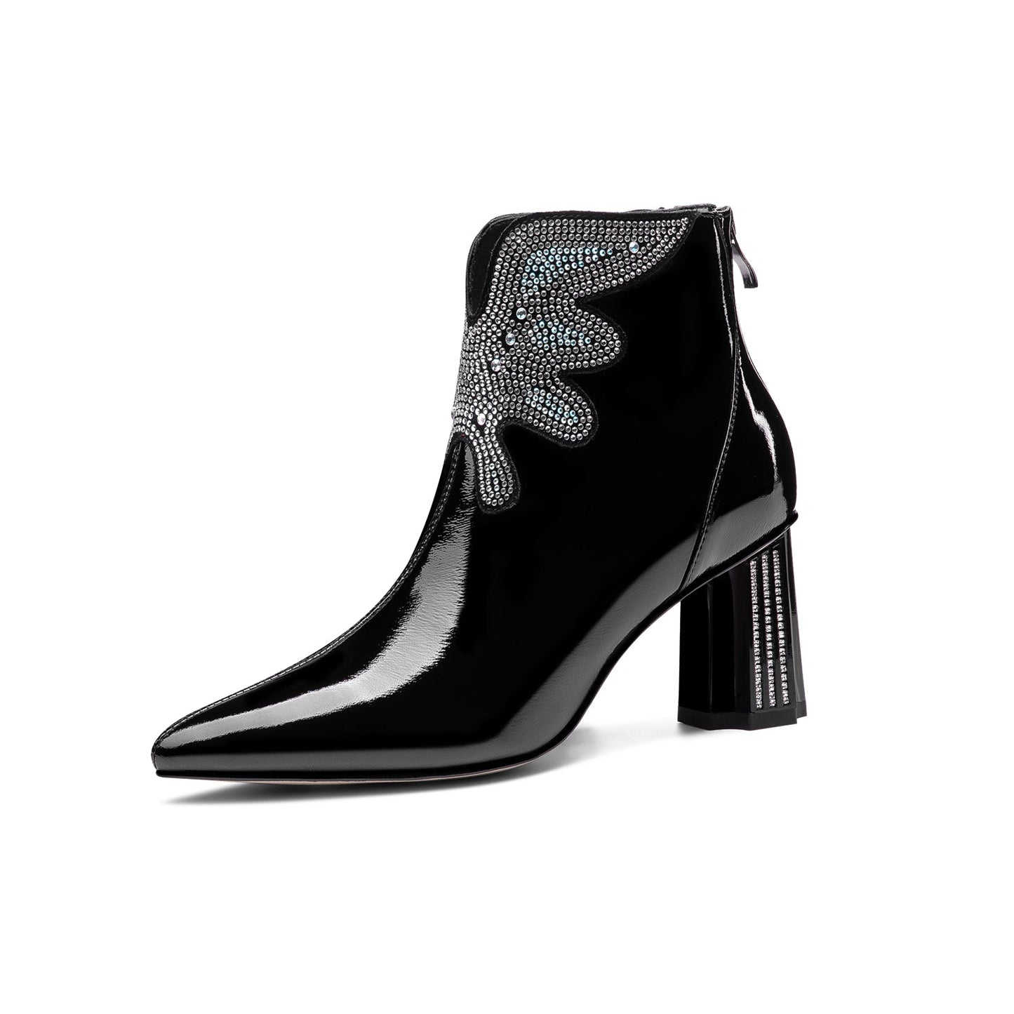 Nine Seven Women's Patent Leather Handmade Mid Chunky Heel Back Zipper Pointed Toe Plus-Size Ankle Boots With Glitter Rhinestones