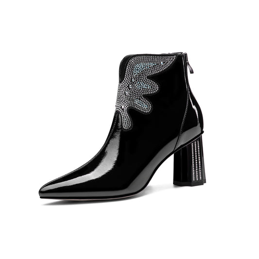 Nine Seven Women's Patent Leather Handmade Mid Chunky Heel Back Zipper Pointed Toe Plus-Size Ankle Boots With Glitter Rhinestones