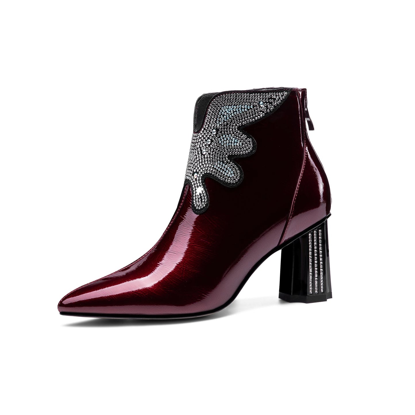 Nine Seven Women's Patent Leather Handmade Mid Chunky Heel Back Zipper Pointed Toe Plus-Size Ankle Boots With Glitter Rhinestones