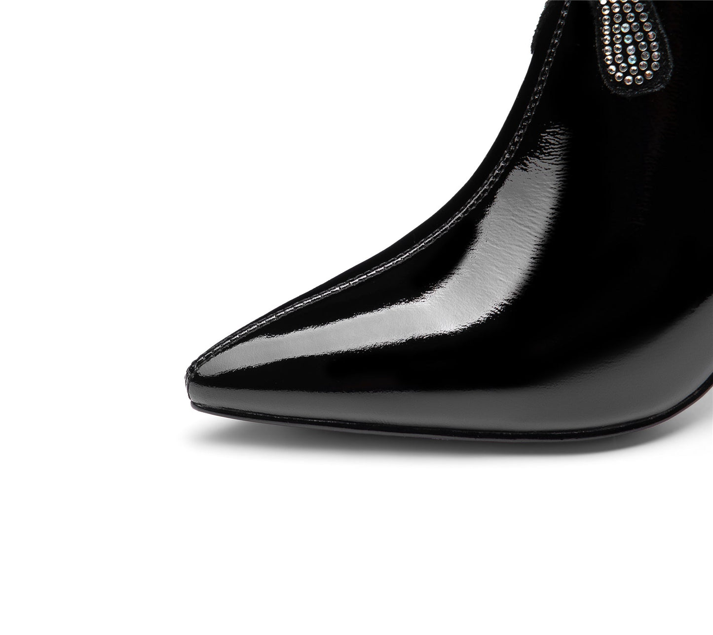 Nine Seven Women's Patent Leather Handmade Mid Chunky Heel Back Zipper Pointed Toe Plus-Size Ankle Boots With Glitter Rhinestones