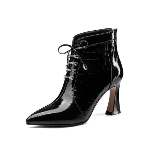 Nine Seven Women's Handmade Patent Leather Pointed Toe Sexy High Spool Heel Zip Up Plus-Size Ankle Booties with Bowtie