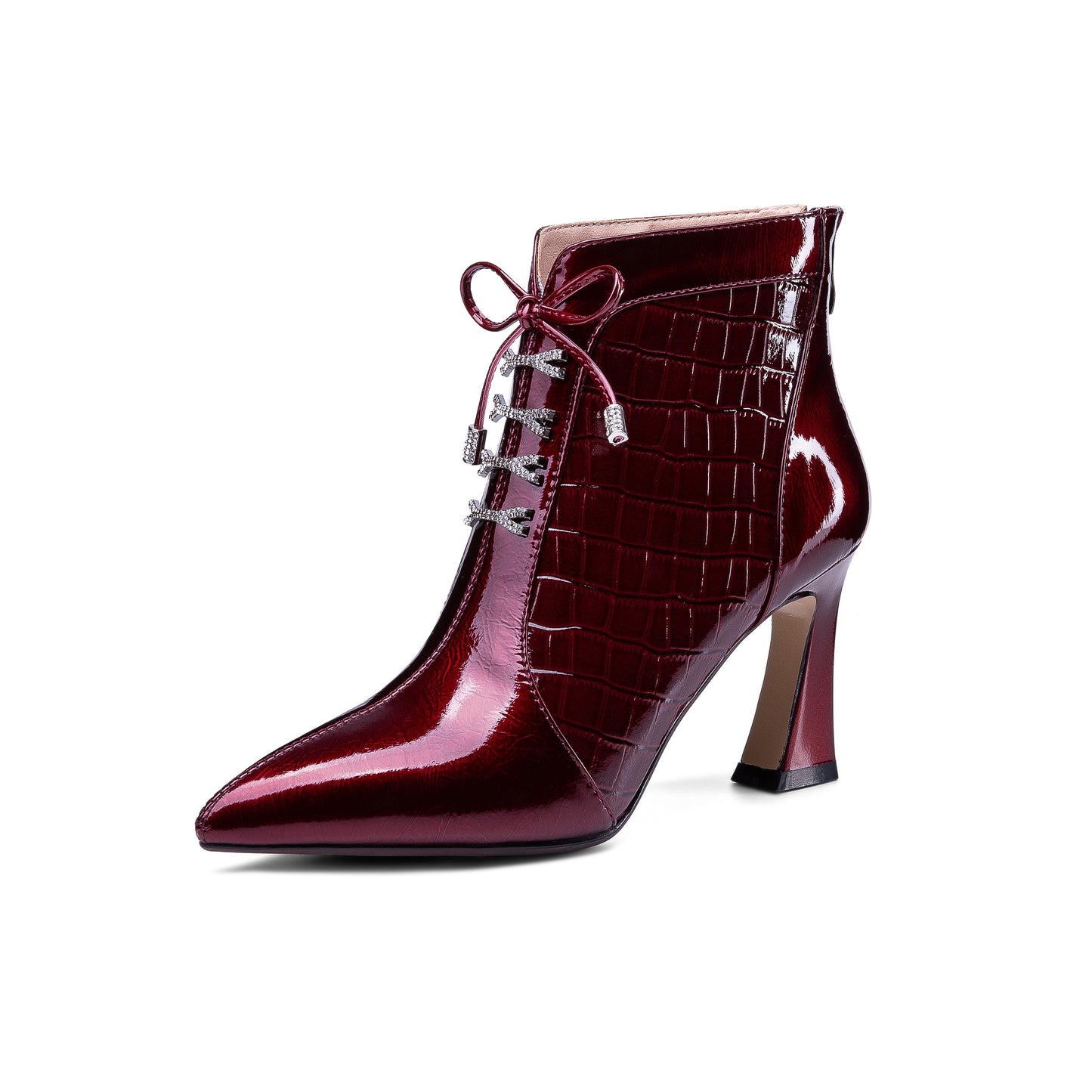 Nine Seven Women's Handmade Patent Leather Pointed Toe Sexy High Spool Heel Zip Up Plus-Size Ankle Booties with Bowtie