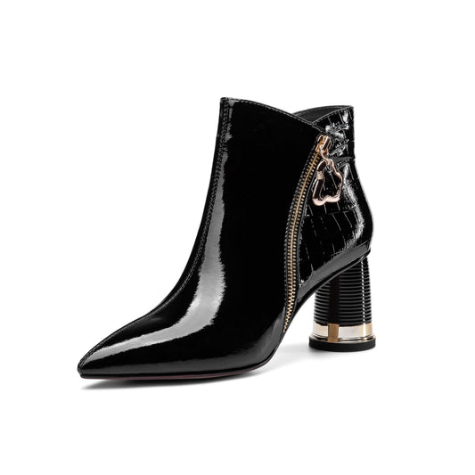 Nine Seven Women's Patent Leather Handmade Pointed Toe Side Zip Up Stylish Cylindrical Mid Heel Ankle Boots