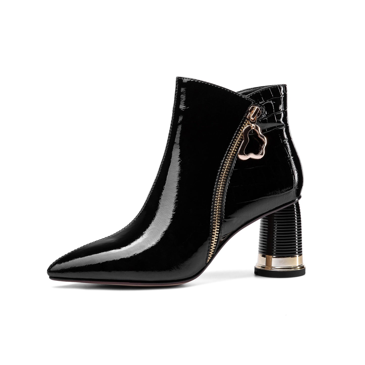 Nine Seven Women's Patent Leather Handmade Pointed Toe Side Zip Up Stylish Cylindrical Mid Heel Ankle Boots