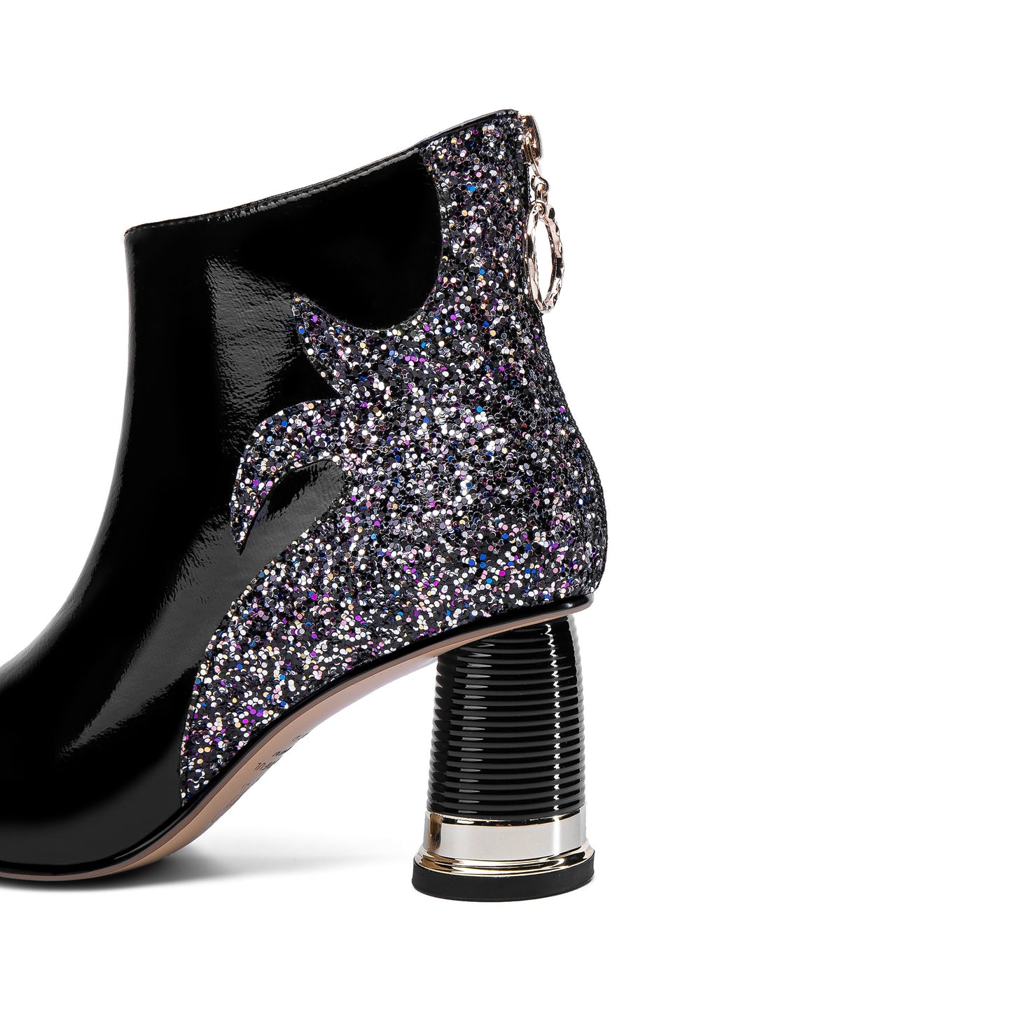 Nine Seven Women's Glossy Patent Leather Handmade Comfortable Block Heel Pointed Toe zip Up Ankle Booties with Glitter Pattern