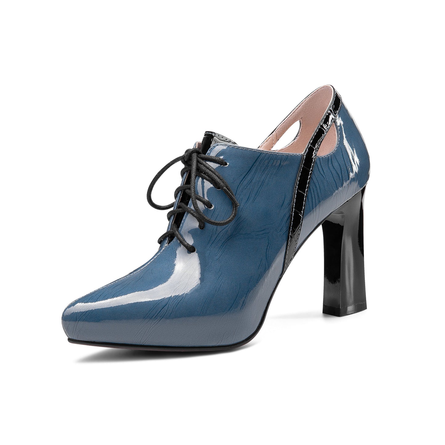 Nine Seven Women's Glossy Patent Leather Handmade Sexy High Chunky Heel Pointed Toe Lace Up Pump Shoes with Platform