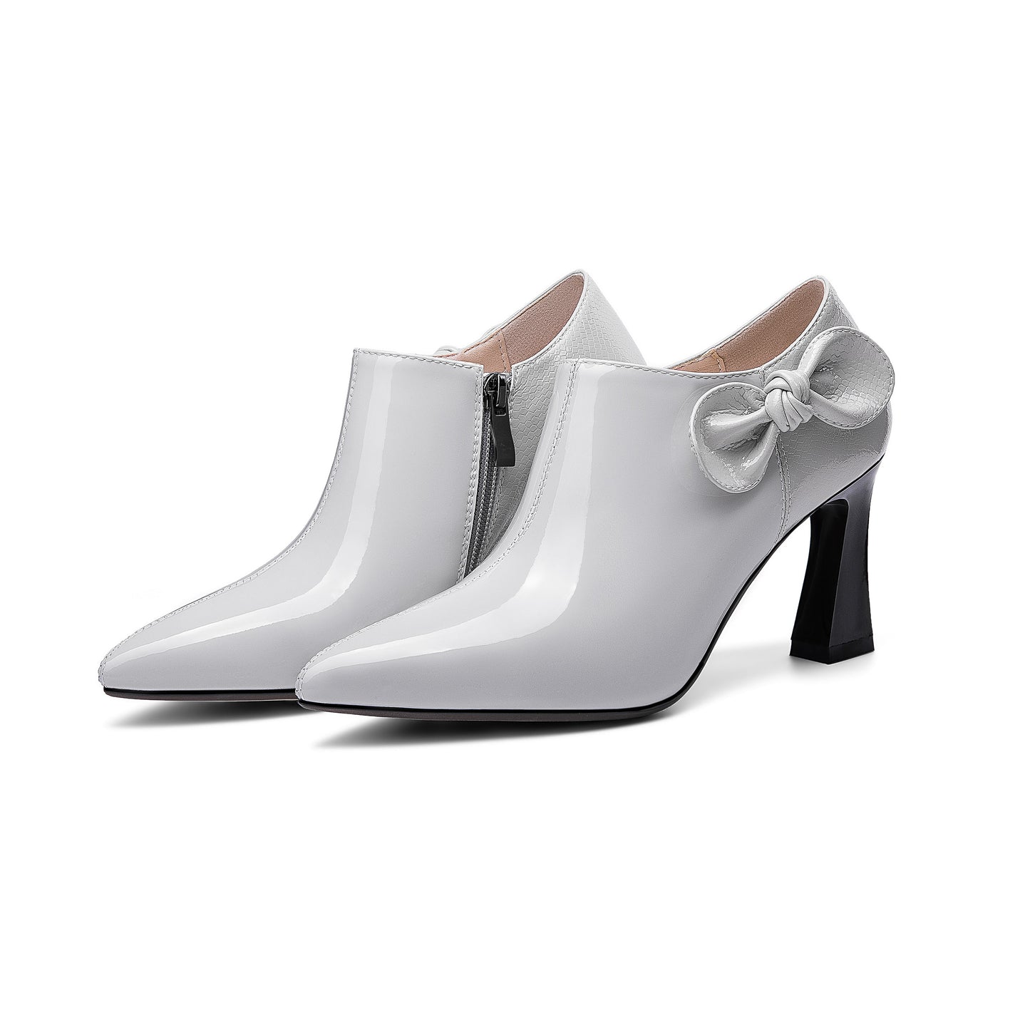 Nine Seven Women's Patent Leather Handmade Pointed Toe Side Zip Elegant High Chunky Heel Pumps with Cute Bow