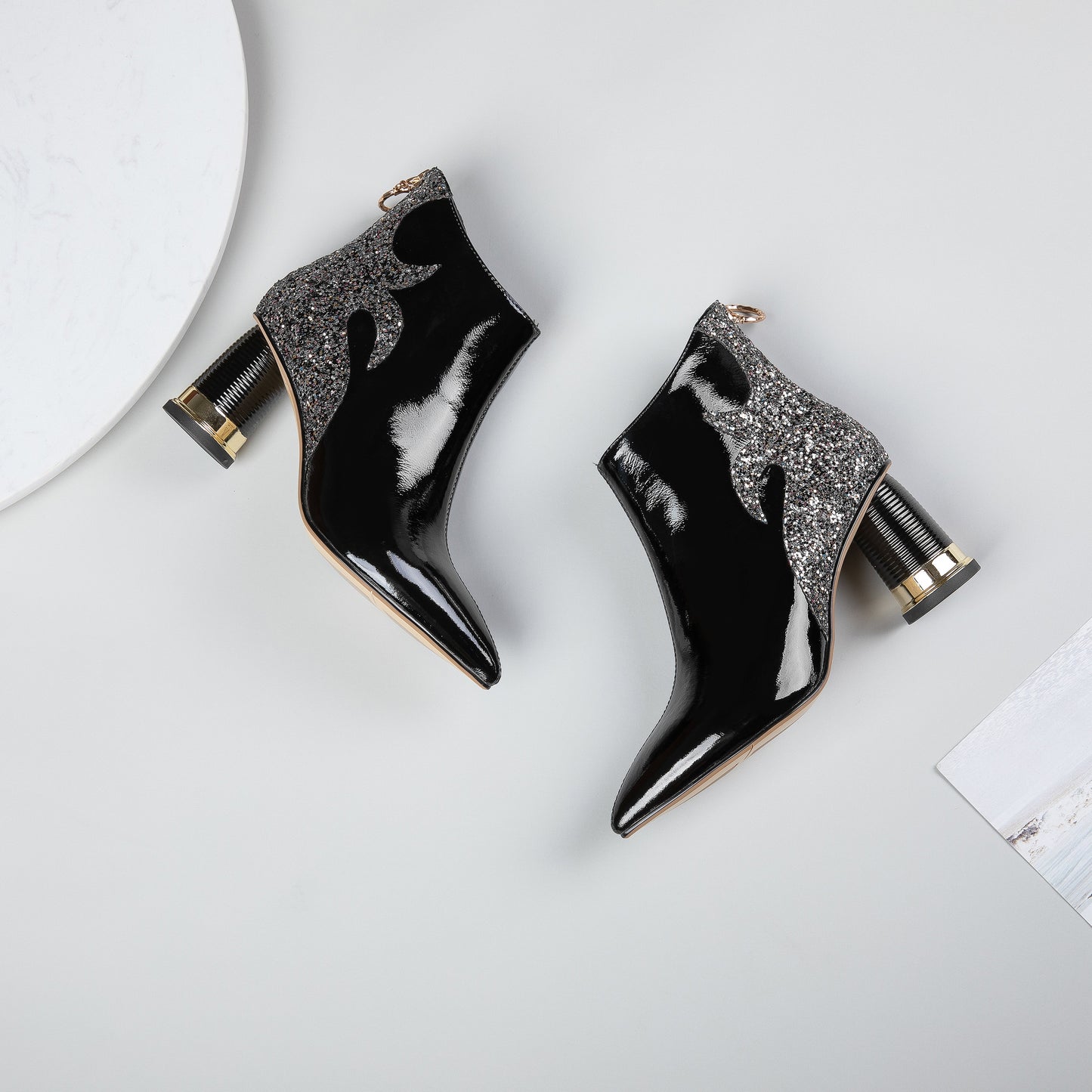 Nine Seven Women's Glossy Patent Leather Handmade Comfortable Block Heel Pointed Toe zip Up Ankle Booties with Glitter Pattern