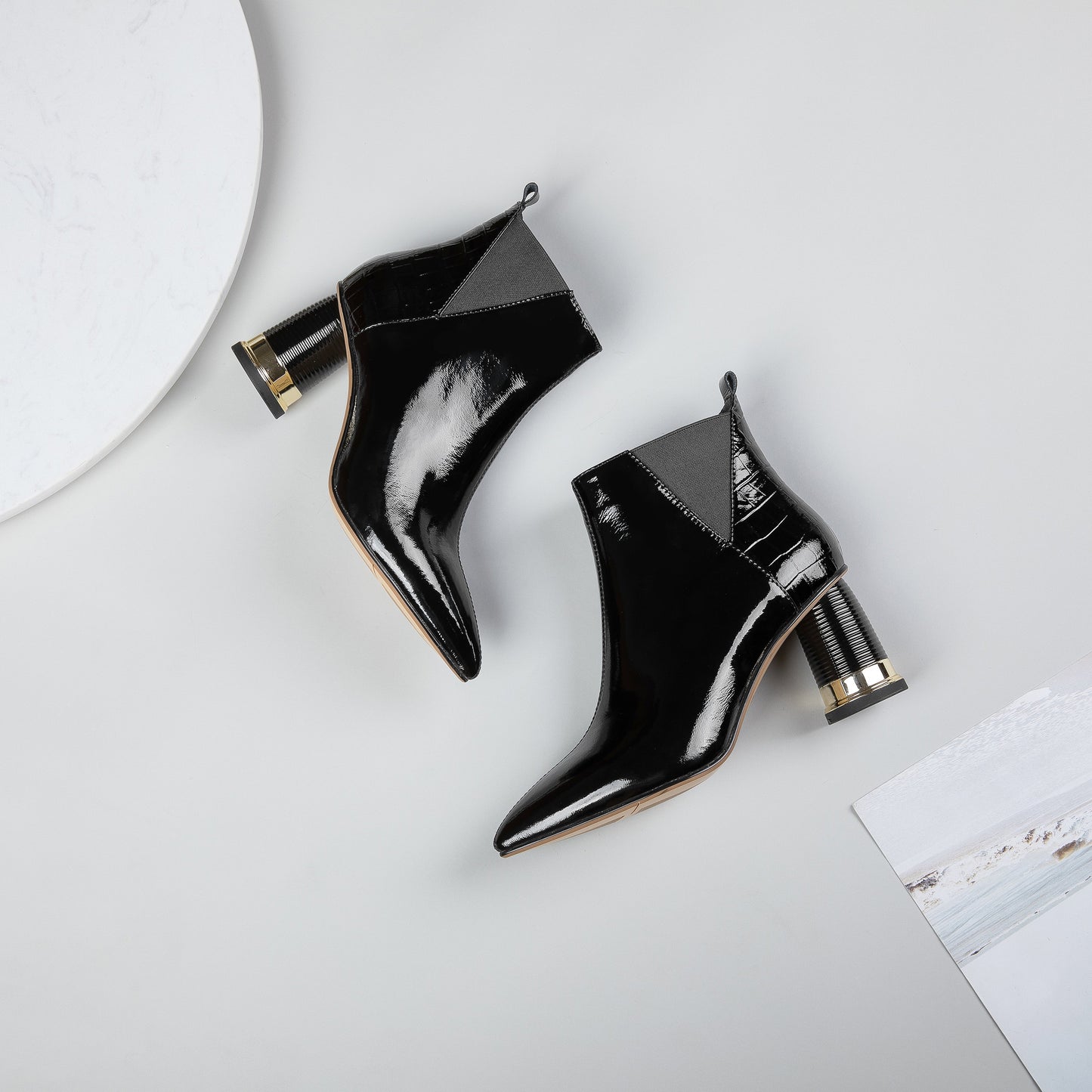 Nine Seven Women's Glossy Patent Leather Handmade Mid Chunky Heel Side Zip Up Pointed Toe Stylish Ankle Boots