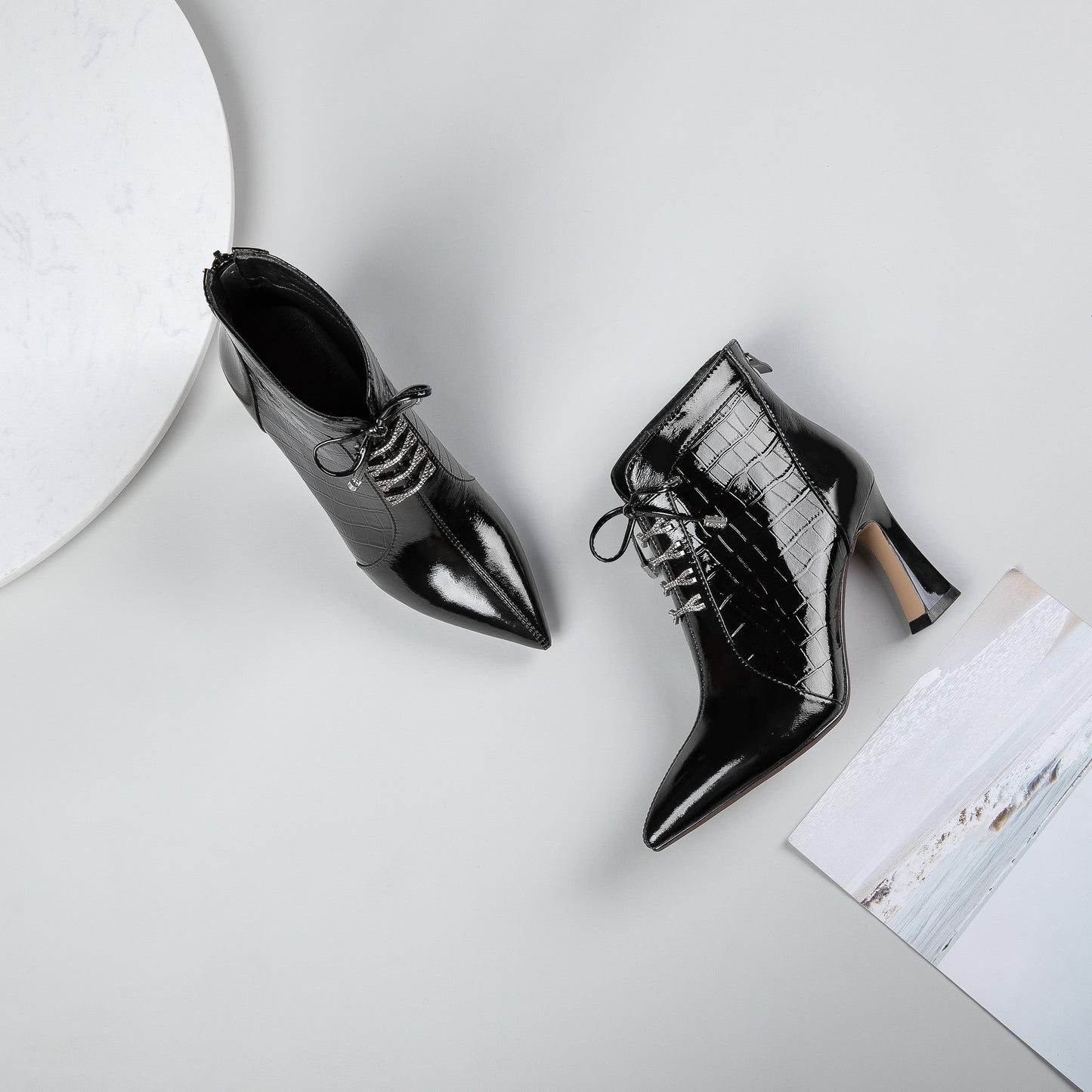 Nine Seven Women's Handmade Patent Leather Pointed Toe Sexy High Spool Heel Zip Up Plus-Size Ankle Booties with Bowtie