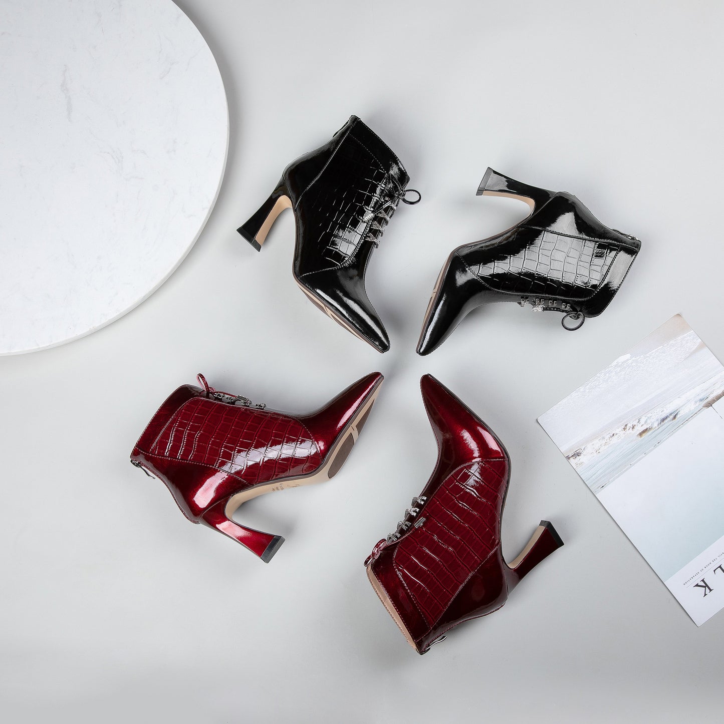 Nine Seven Women's Handmade Patent Leather Pointed Toe Sexy High Spool Heel Zip Up Plus-Size Ankle Booties with Bowtie