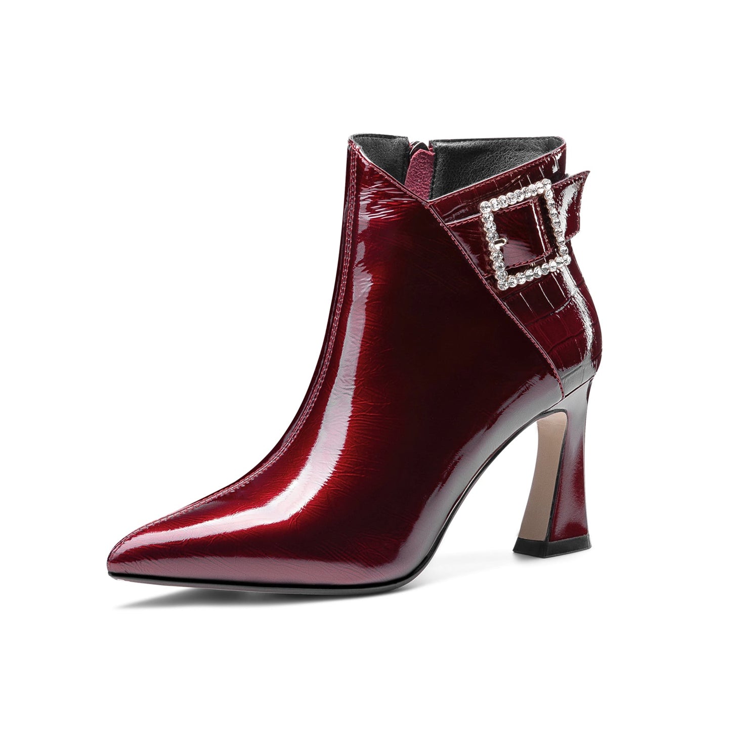 Nine Seven Women's Handmade Patent Leather Pointed Toe Sexy High Heel Side Zip Up Plus-Size Ankle Booties with Glitter Rhinestone Buckle