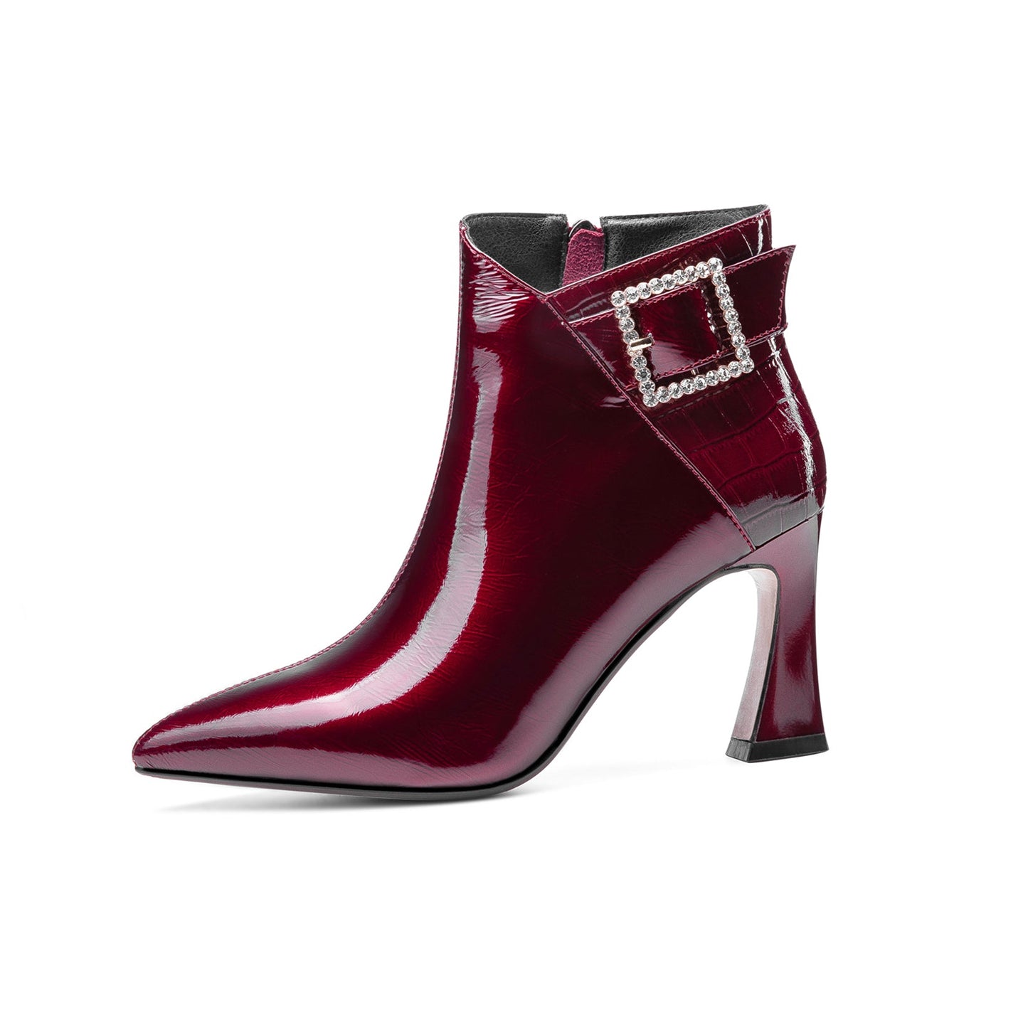 Nine Seven Women's Handmade Patent Leather Pointed Toe Sexy High Heel Side Zip Up Plus-Size Ankle Booties with Glitter Rhinestone Buckle