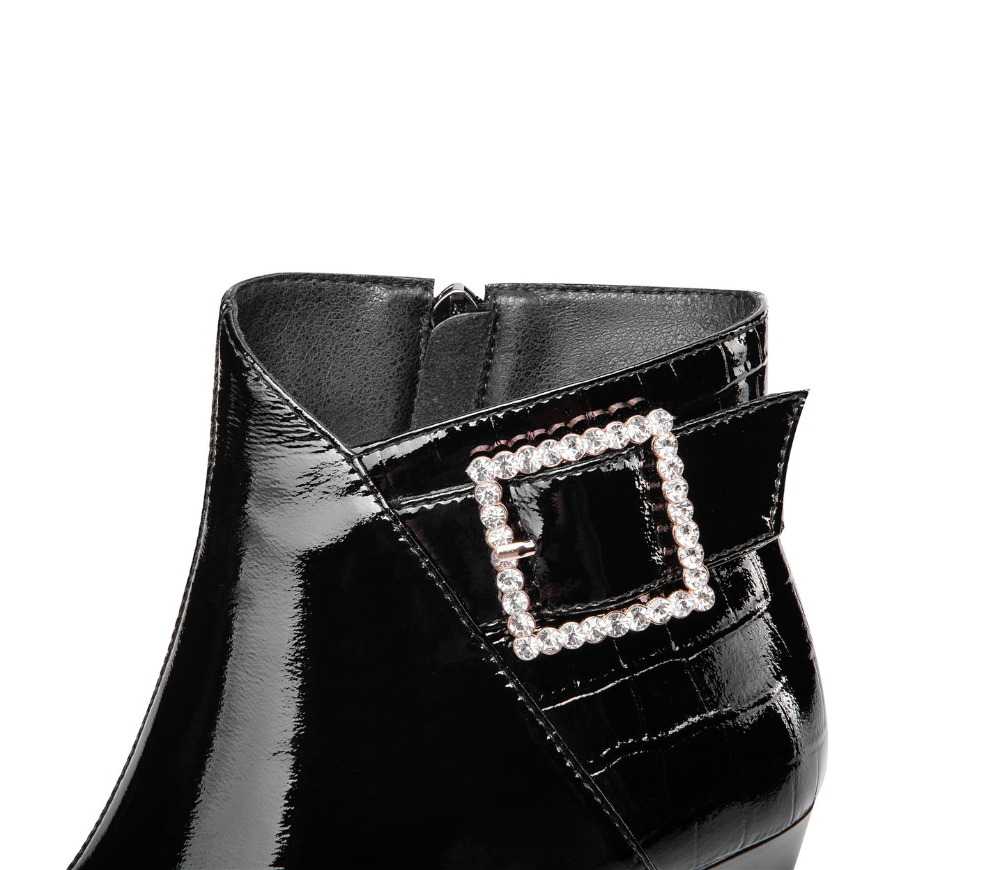 Nine Seven Women's Handmade Patent Leather Pointed Toe Sexy High Heel Side Zip Up Plus-Size Ankle Booties with Glitter Rhinestone Buckle