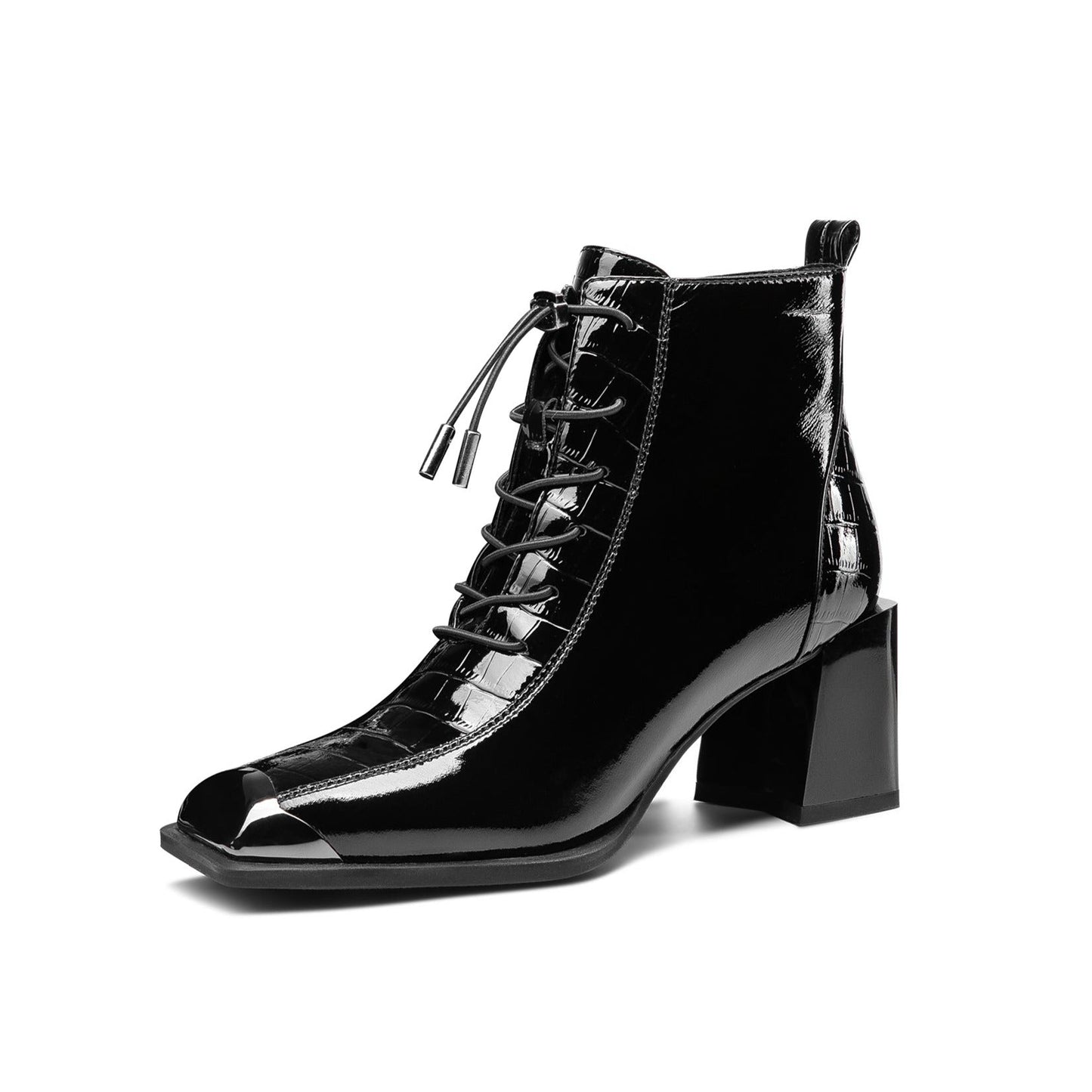 Nine Seven Women's Patent Leather Handmade Square Cap-Toe Mid Chunky Heel Side Zipper Ankle Boots with Band
