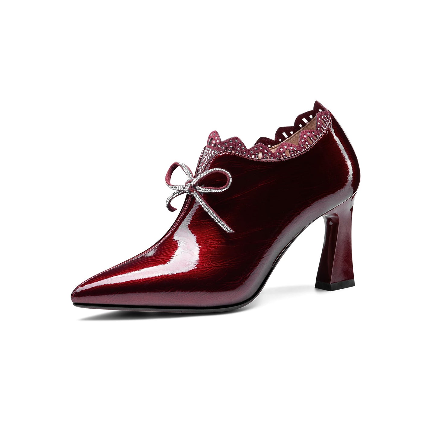 Nine Seven Women's Handmade Glossy Patent Leather Pointed Toe Mid Heel Side Zip Up Pump Shoes with Cute Bowtie
