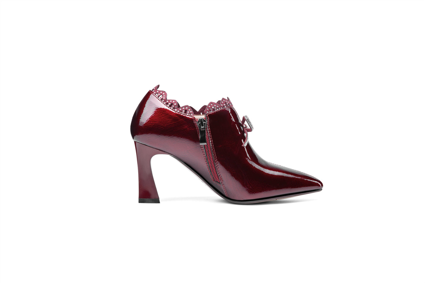 Nine Seven Women's Handmade Glossy Patent Leather Pointed Toe Mid Heel Side Zip Up Pump Shoes with Cute Bowtie