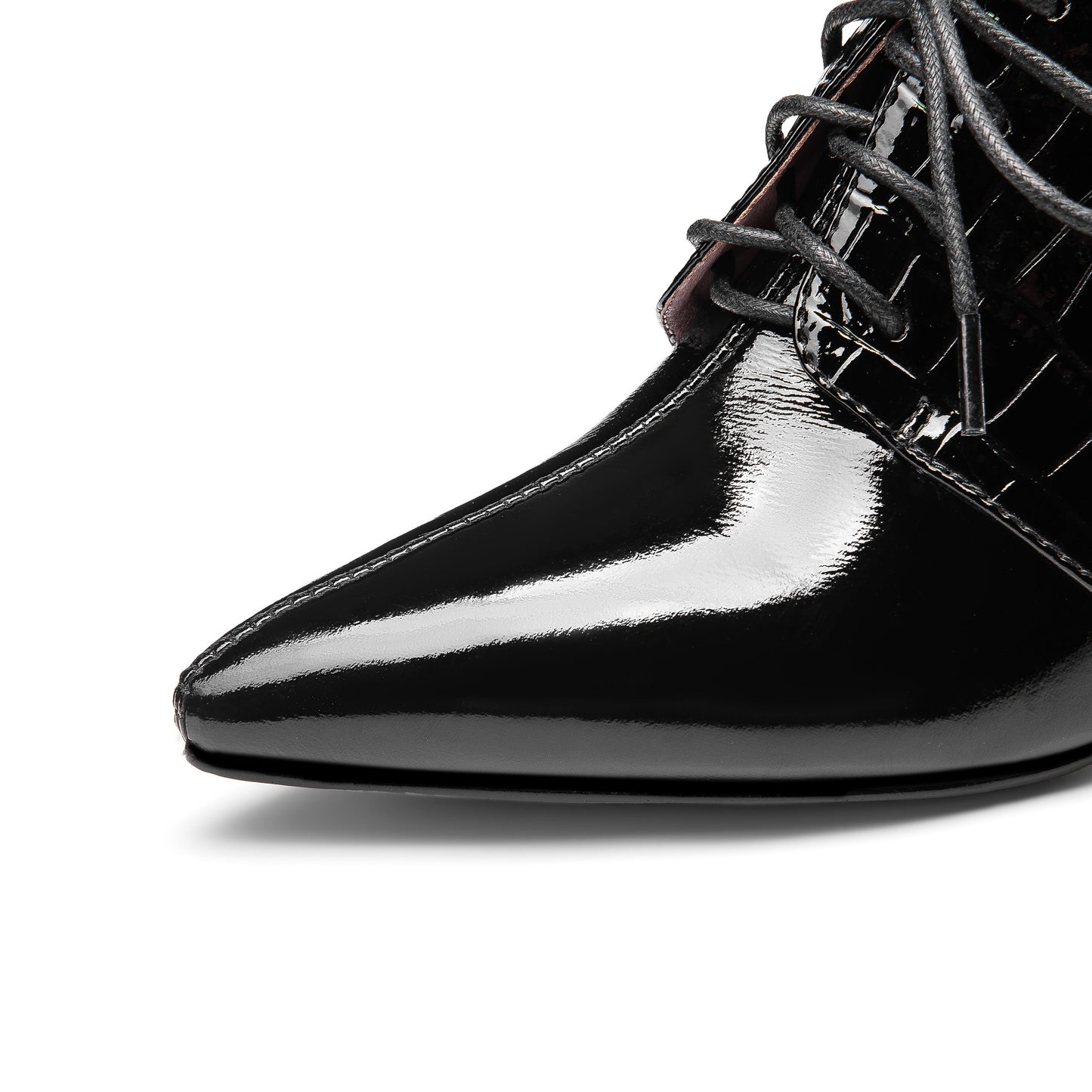 Nine Seven Women's Handmade Patent Leather Pointed Toe Mid Cylindrical Heel Lace Up Stylish Plus-Size Pump Shoes