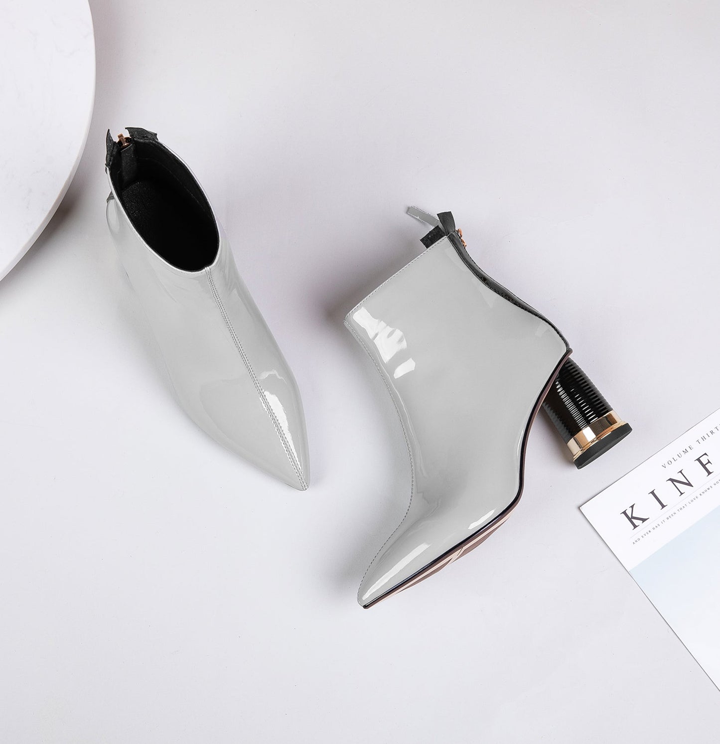 Nine Seven Women's Patent Leather Pointed Toe Handmade Back Zip Modern Mid Chunky Heel Ankle Boots