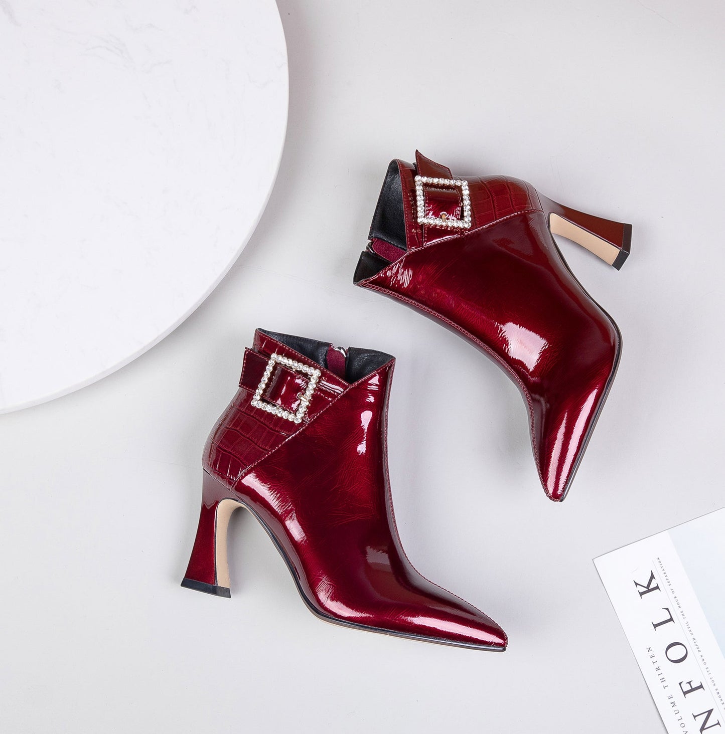 Nine Seven Women's Handmade Patent Leather Pointed Toe Sexy High Heel Side Zip Up Plus-Size Ankle Booties with Glitter Rhinestone Buckle