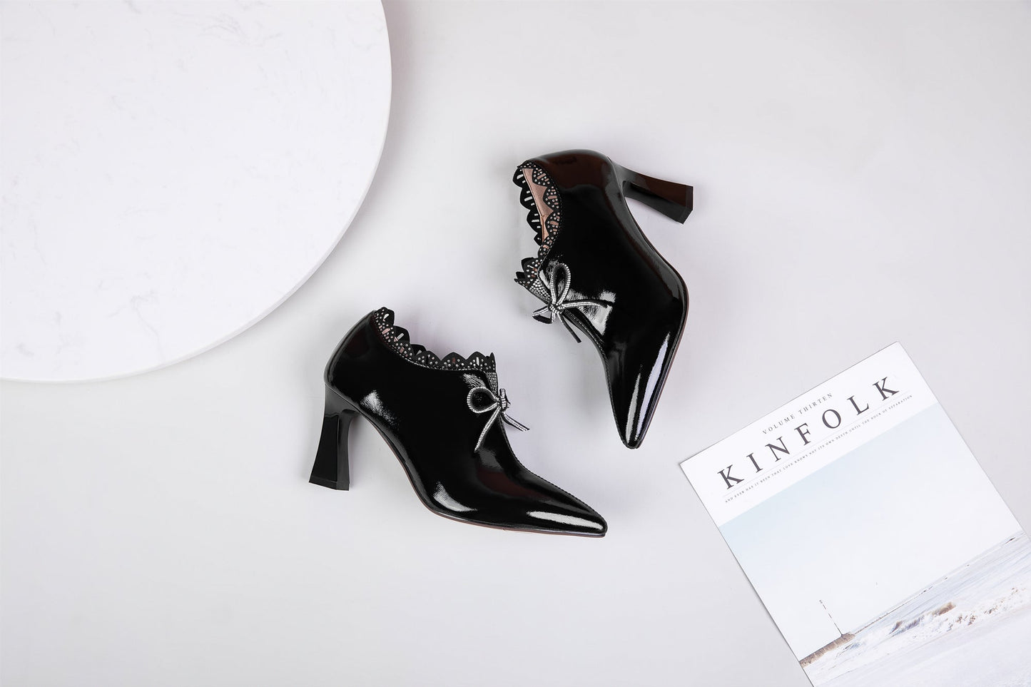 Nine Seven Women's Handmade Glossy Patent Leather Pointed Toe Mid Heel Side Zip Up Pump Shoes with Cute Bowtie