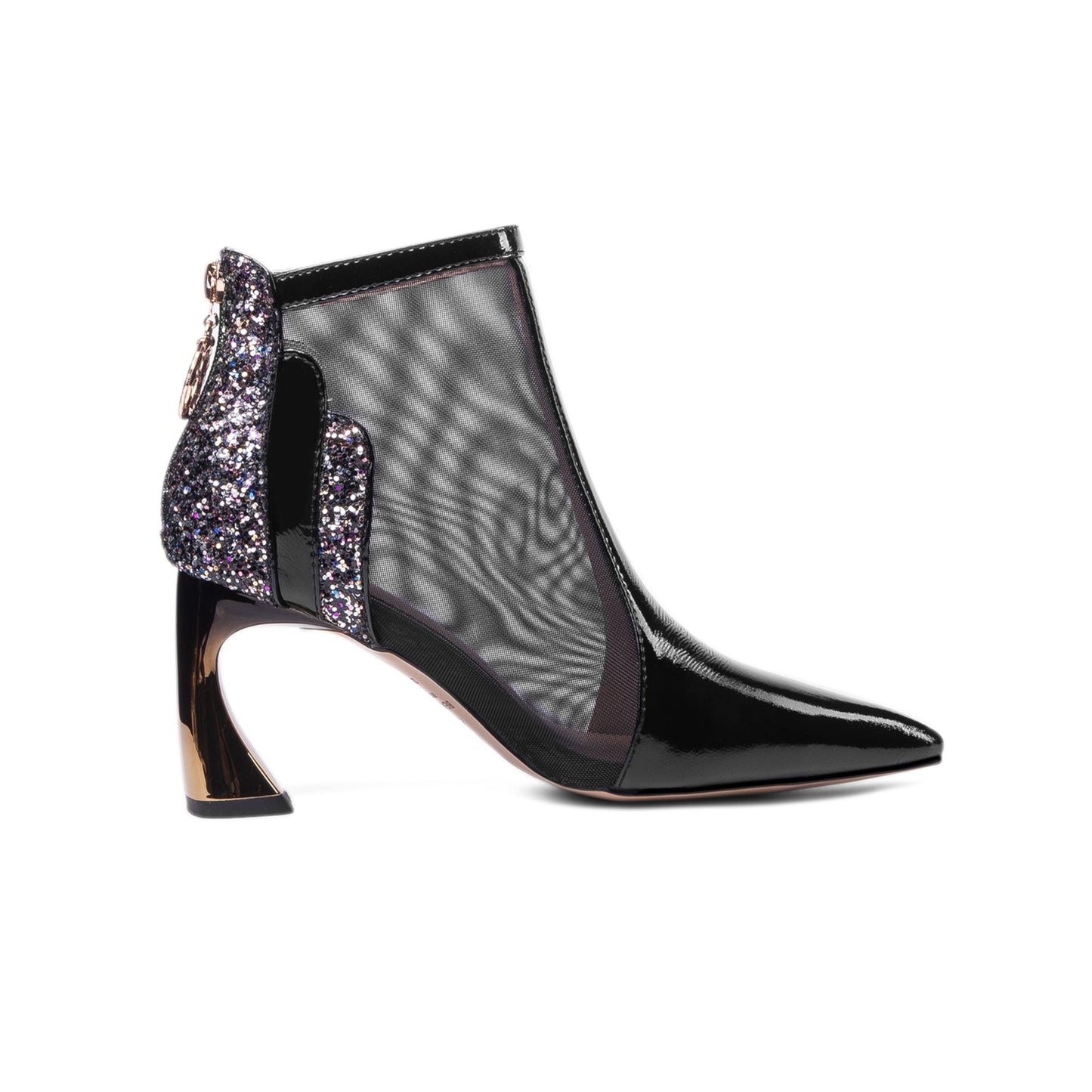 Nine Seven Women's Patent Leather Handmade Mesh Pointed Toe Back Zip Up High Spool Heel Elegant Glitter Summer Booties