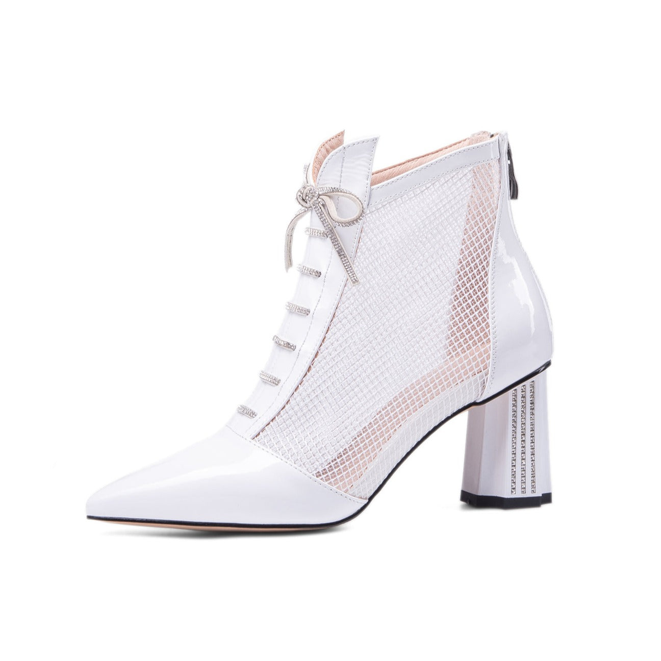 Nine Seven Women's Handmade Glossy Patent Leather Mesh Hollow Pointed Toe Back Zip Mid Chunky Heel Summer Boots