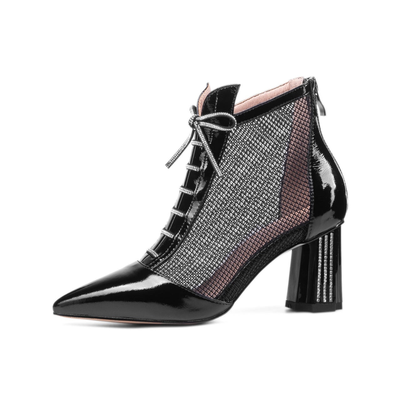 Nine Seven Women's Handmade Glossy Patent Leather Mesh Hollow Pointed Toe Back Zip Mid Chunky Heel Summer Boots