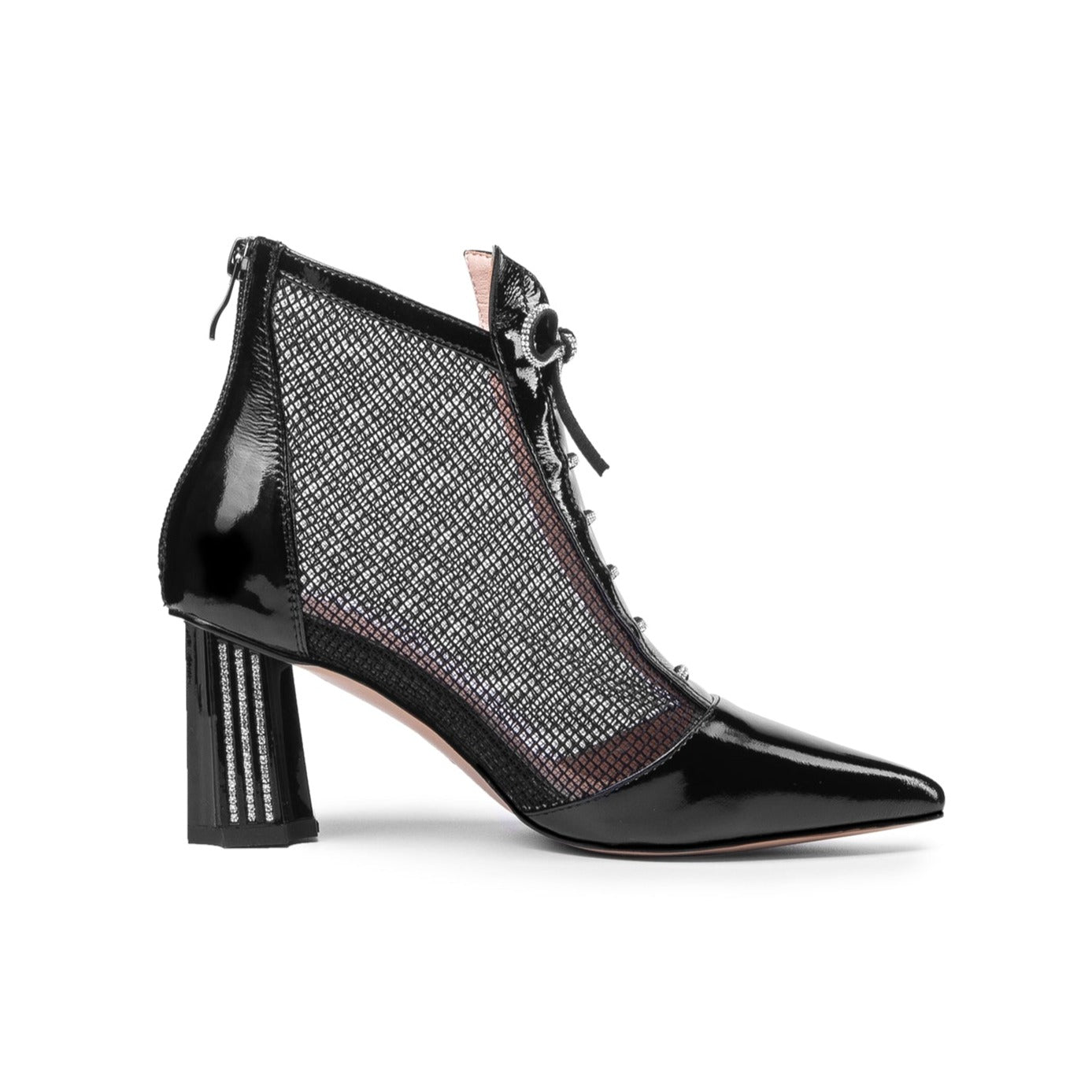 Nine Seven Women's Handmade Glossy Patent Leather Mesh Hollow Pointed Toe Back Zip Mid Chunky Heel Summer Boots