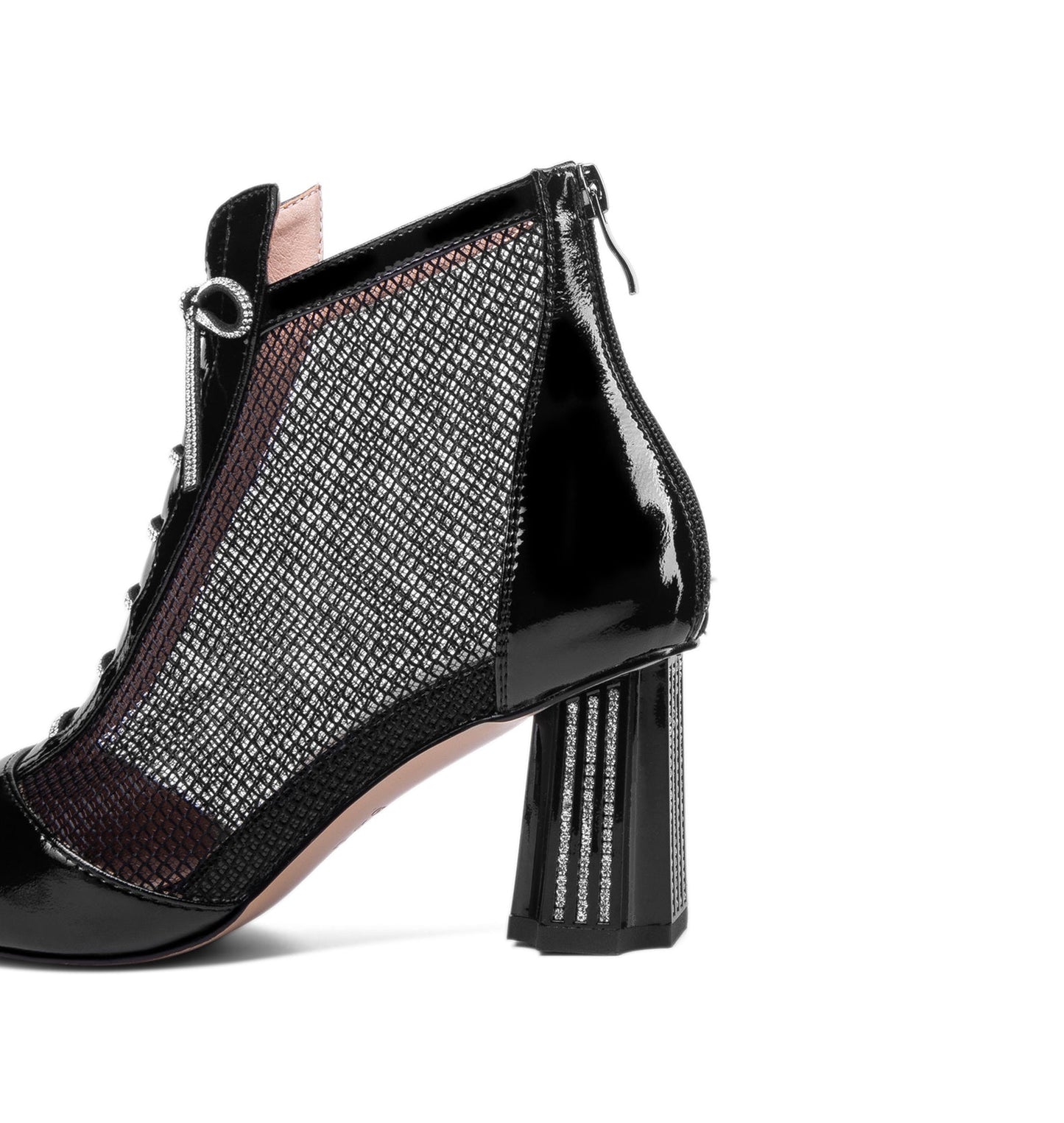 Nine Seven Women's Handmade Glossy Patent Leather Mesh Hollow Pointed Toe Back Zip Mid Chunky Heel Summer Boots