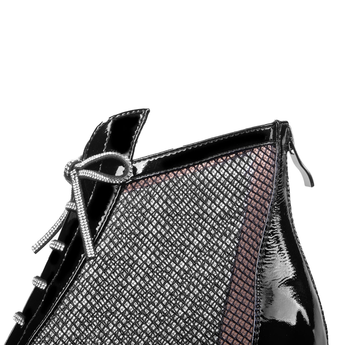 Nine Seven Women's Handmade Glossy Patent Leather Mesh Hollow Pointed Toe Back Zip Mid Chunky Heel Summer Boots