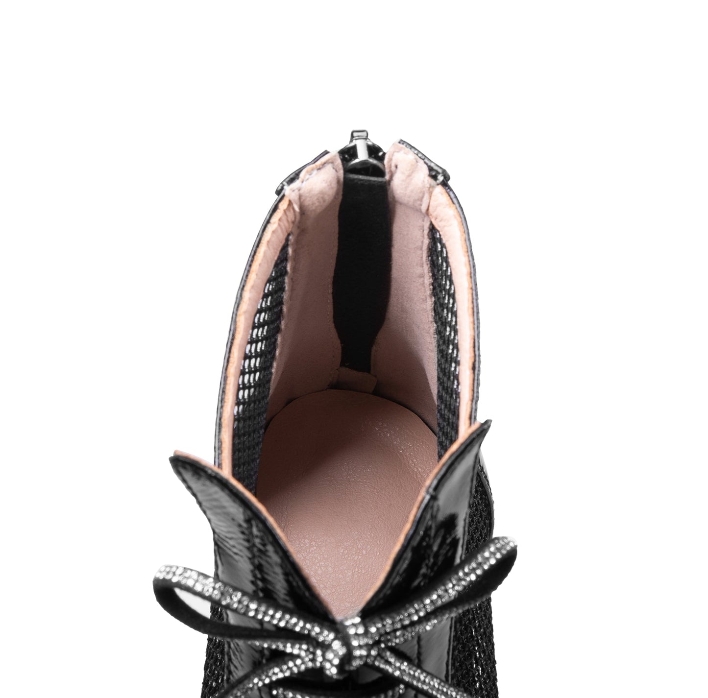 Nine Seven Women's Handmade Glossy Patent Leather Mesh Hollow Pointed Toe Back Zip Mid Chunky Heel Summer Boots