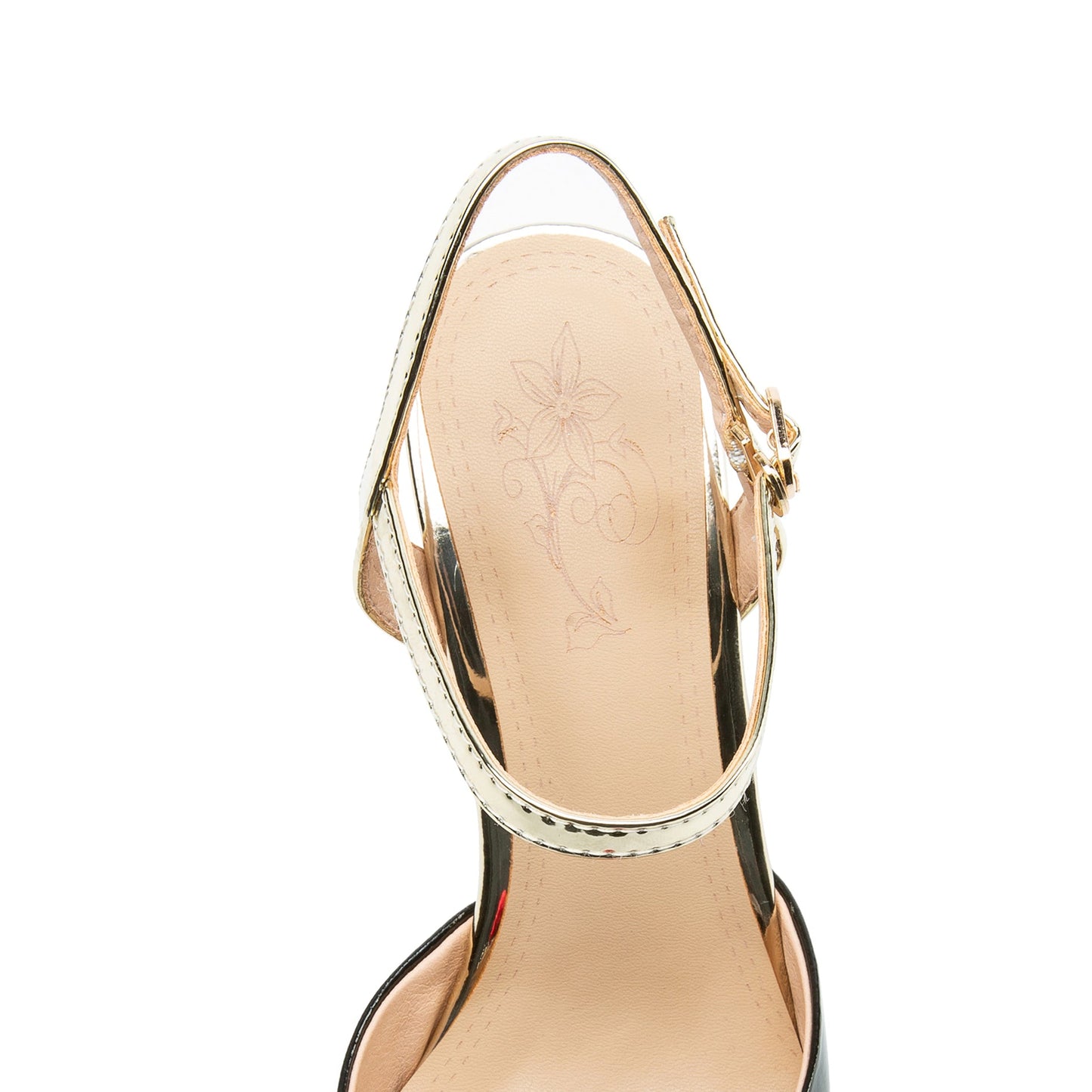 Nine Seven Women's Patent Leather Handmade Golden Mid Heel Buckle Sandals with Flowers Decor