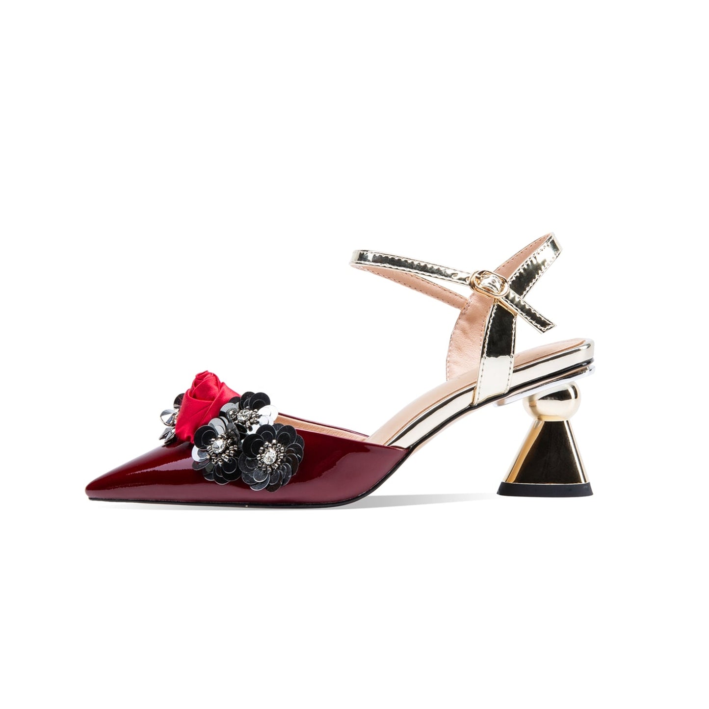 Nine Seven Women's Patent Leather Handmade Golden Mid Heel Buckle Sandals with Flowers Decor