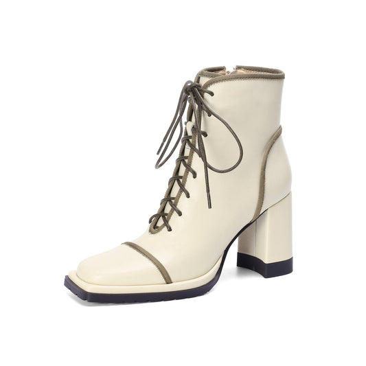 Nine Seven Handmade Women's Genuine Leather Platform Front Lace Up Side Zipper Square Toe High Block Heel Ankle Boots