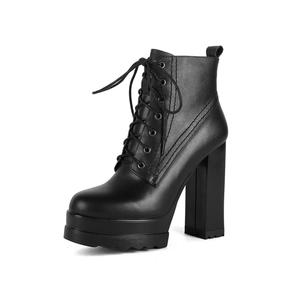 Nine Seven Genuine Leather Round Toe Handmade Lace Up Side Zipper High Chunky Heel Women's Cool Ankle Boots with Platform