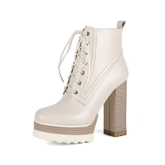 Nine Seven Genuine Leather Round Toe Handmade Lace Up Side Zipper High Chunky Heel Women's Cool Ankle Boots with Platform